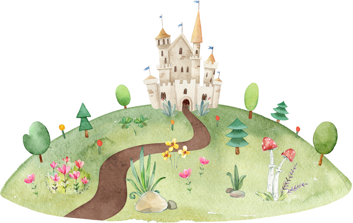 Watercolor meadow with fairy castle. Nature summer scenery meadow